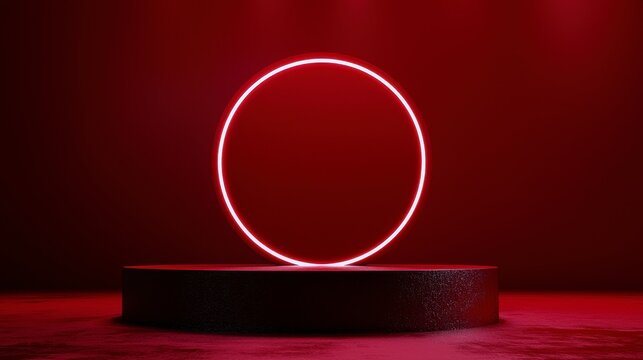 Movie award podium on a stage bathed in red spotlight close up on cinematic elegance theme of winner announcements realistic Multilayer film festival backdrop. A grand ceremony