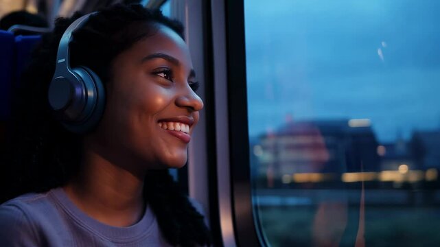 Young smiling African American woman with headphones watching city lights passing by from train. The young woman&rsquo;s smile shines as the train glides through the city.