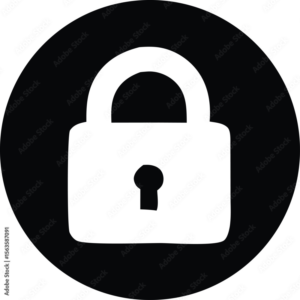 Poster simple white padlock icon with a keyhole inside a solid black circle representing security and priva