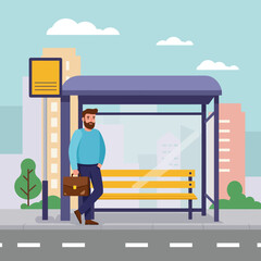 Man waiting at bus stop in flat vector illustration design style