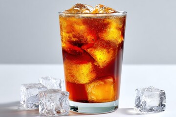 Refreshing cold cola beverage in a clear glass filled with ice cubes on a plain light gray background with additional ice scattered around