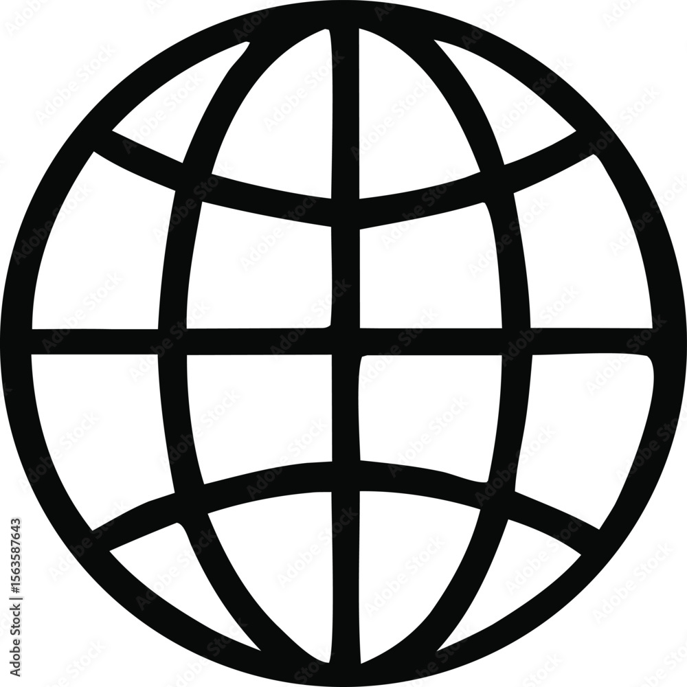 Poster a simple black and white graphic representation of a globe with a grid pattern indicating continents