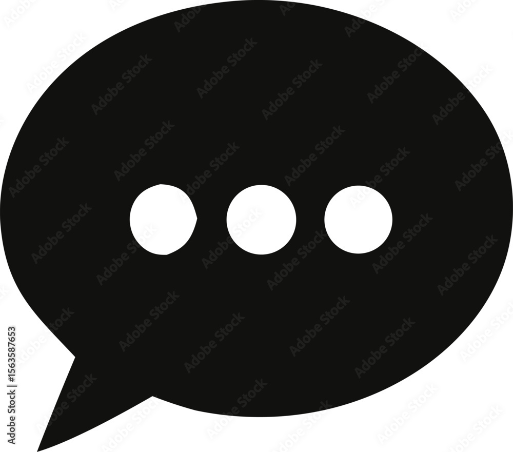 Poster a simple black speech bubble icon with three white dots inside representing ongoing conversation or 