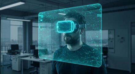 Immersive Virtual Reality Experience: A Man Explores a Futuristic Digital Landscape Through a Headset