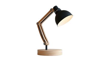 Elegant wooden desk lamp casting warm light at dusk, enhancing the cozy atmosphere of a modern workspace on transparent background