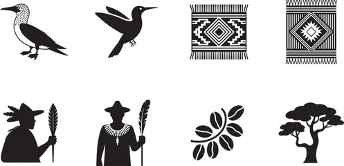 Ecuador Indigenous Icons with Birds Weaving Figures Coffee Beans and Trees for Inti Raymi and Equatorial Roots