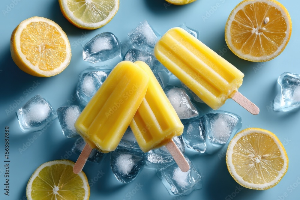 Poster refreshing lemon ice pops on ice cubes with sliced lemons and lime halves on bright blue background
