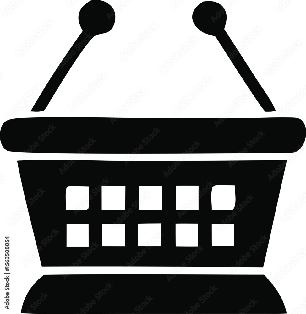 Poster a simple black and white icon representing a shopping basket with two handles and a perforated side 