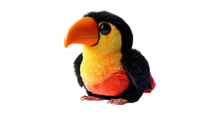 Colorful plush bird with vibrant feathers perched playfully, showcasing a blend of orange, yellow, and black hues in its charming design on transparent background