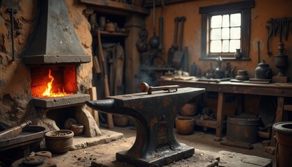 Traditional blacksmith workshop with glowing forge