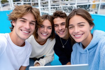 Group of four smiling diverse young teenagers in casual clothing enjoying outdoor leisure activity at modern urban setting with glass building background