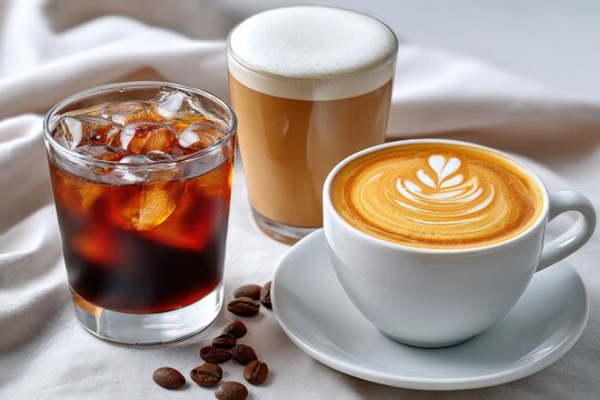 Refreshing cold iced soda with ice cubes and dark color served alongside hot cappuccino with foam art and aromatic coffee on a white table