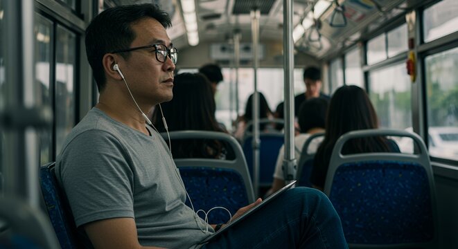 A pensive commuter listens to music and uses a tablet on a public bus, lost in thought during his daily journey.