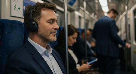 Tranquil commuter finds peace amidst the urban rush hour, eyes closed, listening to music on his headphones during his daily commute on public