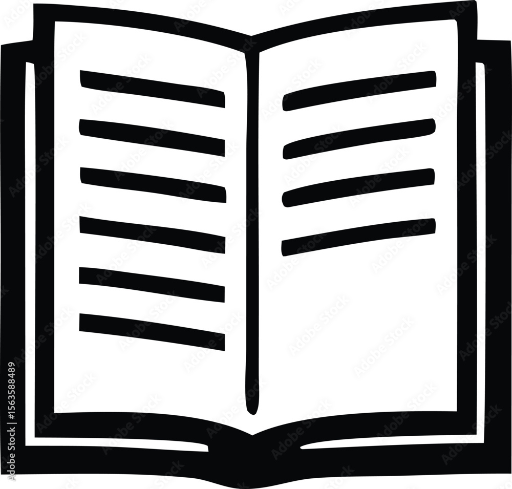 Poster stylized black and white icon of an open book with horizontal lines representing text on pages