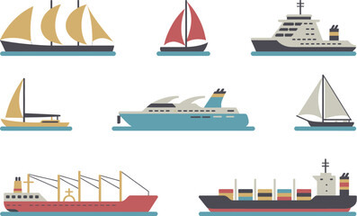 Illustration showing various types of ships and boats including sailboats and cargo ships on white