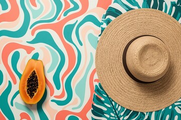 A vibrant flat lay composition featuring a halved papaya and a woven straw sun hat against a colorful abstract wavy background