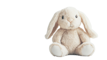 Soft and cuddly bunny plush toy resting on a clean, white surface, inviting warmth and nostalgia for children and adults alike on transparent background