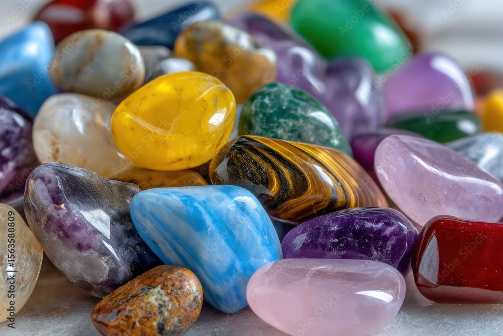Poster Assorted colorful polished gemstones and mineral stones with smooth glossy surface in various shapes and vibrant hues for decoration and jewelry design