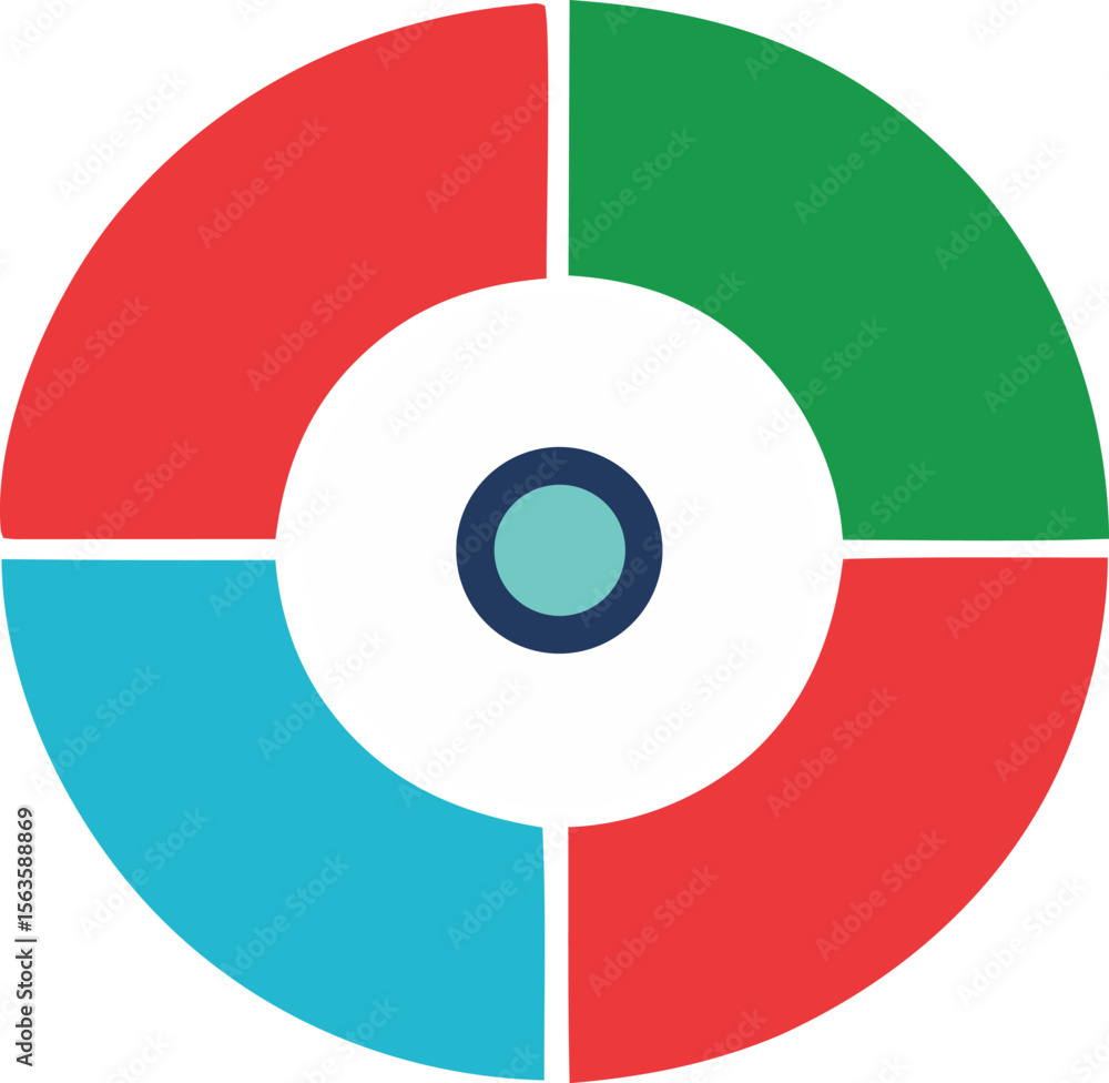 Poster abstract circular diagram with four color segments and concentric circles in the center