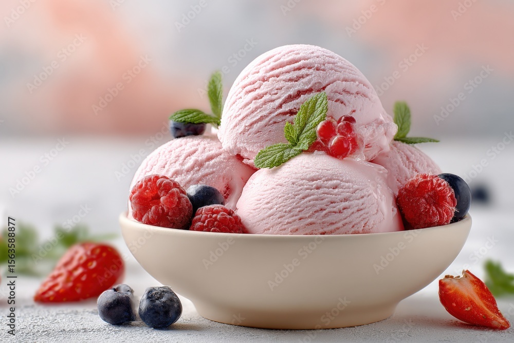 Aufkleber delicious strawberry and raspberry fruit ice cream served in a white bowl with fresh berries and min