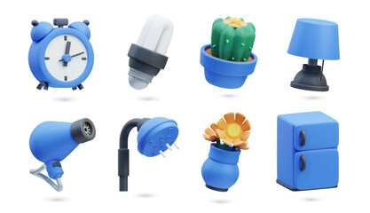 3D icons illustration set. Border of 3d home appliances and decor items. Alarm clock, light bulb, cactus, flower pot, lamp, and refrigerator rendered. Vector isolated cartoon illustration
