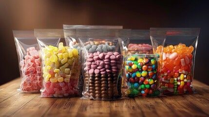 Colorful candies in transparent plastic bags on wooden surface for packaging design, sweet treats, or confectionery marketing concept
