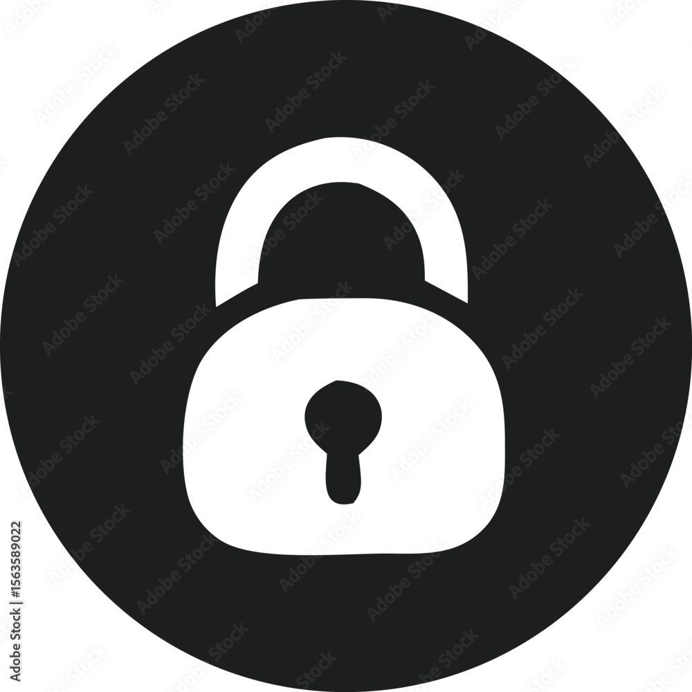 Poster simple white padlock icon with a keyhole inside a solid black circle representing security and priva