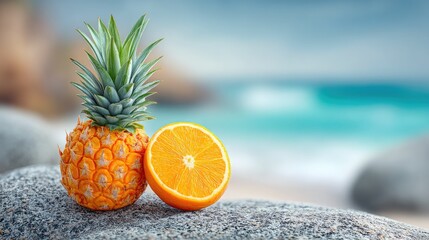 Pineapple and orange on coastal rock