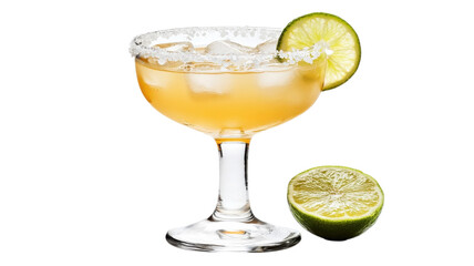Refreshing cocktail served in a classic glass with a salted rim and lime garnish on a bright evening on transparent background