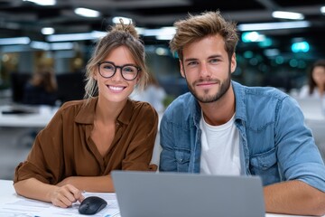 Happy young man and woman working together at a desk in an office with a laptop and computer mouse smiling at the camera