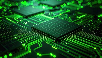 Fototapeta premium Close Up Of Glowing Green Circuit Board With Processor