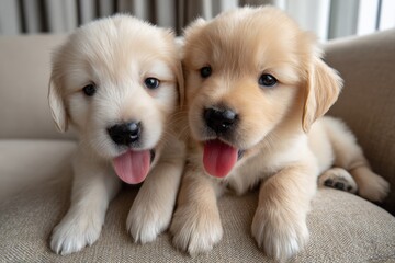 Naklejka na ściany i meble Two adorable Golden Retriever puppies sitting on a couch indoors with fluffy fur and playful expressions in a cozy home environment