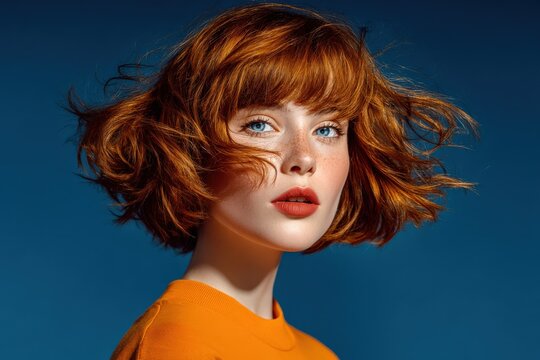 Close-up portrait of a young woman with vibrant red hair and blue eyes wea orange top against dark blue background - Powered by Adobe