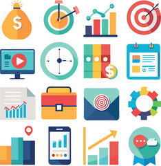 Collection of modern flat design icons representing business growth finance strategy and productivity concepts for digital presentations