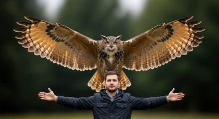Eurasian eagle owl lands on handler's head outdoors