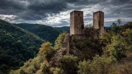 Close-up view of a medieval 900s castle, weathered stone walls, moss-covered battlements, narrow arched windows, dramatic lighting, dark moody sky, cinematic atmosphere, ancient fortress details,ai