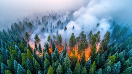 Wildfire spreading through dense pine forest