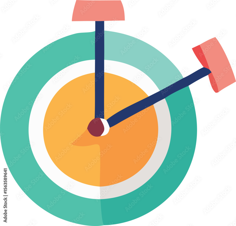 Poster stylized abstract representation of a clock with teal white and orange circular elements and dark bl