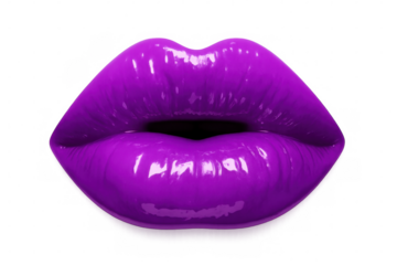 Purple lips slightly parted, revealing bold makeup and glossy finish on transparent surface, highlighting contemporary beauty aesthetic