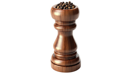 Elegant wooden pepper mill filled with aromatic black peppercorns showcasing unique craftsmanship in a kitchen setting on transparent background