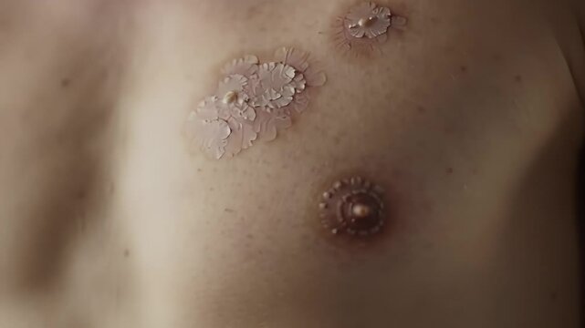 Close Up of Male Chest Displaying Ringworm Patches Treated With Antifungal Cream