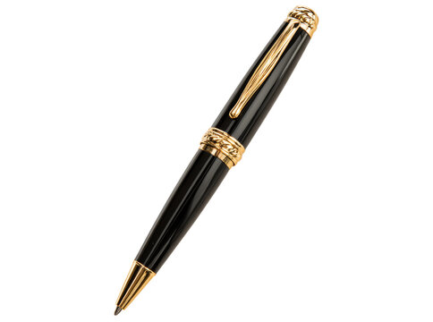 Elegant black and gold luxury ballpoint pen isolated on black background, Isolated On Transparent Background, Png Cut Out