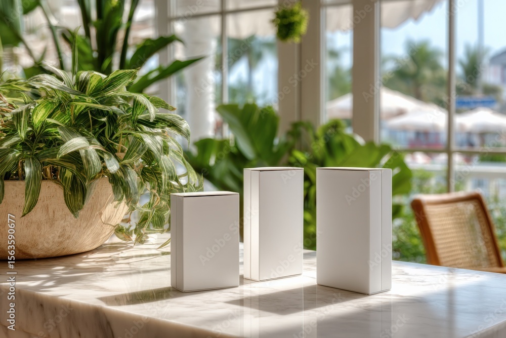 Poster modern minimalist white podiums or display stands in a bright indoor space with large and lush green