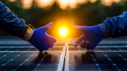 Team of engineers working on solar panel installation using digital tools to optimize renewable energy output showcasing modern sustainability practices. Innovative technology boosts clean