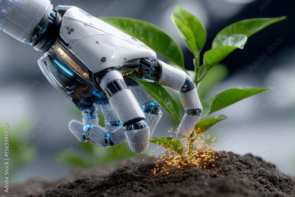 Aufkleber futuristic robot hand planting a young green seedling in soil symbolizing technology and nature inte
