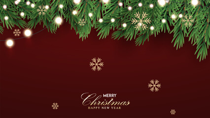 Merry Christmas and Happy New Year greeting card vector poster. Christmas elegant invitation template. Christmas and Happy New Year decoration border with fir branches background.