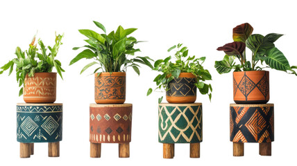 Decorative potted plants arranged artistically on unique wooden pedestals in a stylish indoor setting during daylight on transparent background