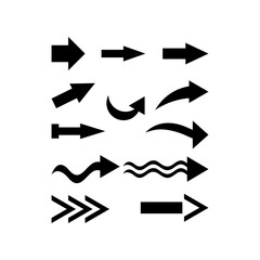 A collection of fourteen black arrow icons pointing in various directions on a white background.