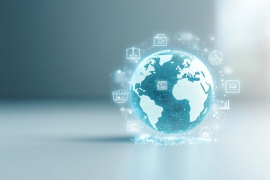 Global Network Connection: A digital globe, a symbol of global interconnectedness, showcases data icons floating around it, representing the seamless flow of information and the interconnected world.